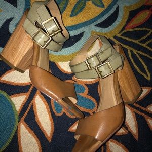 MIA tan and green leather heels
